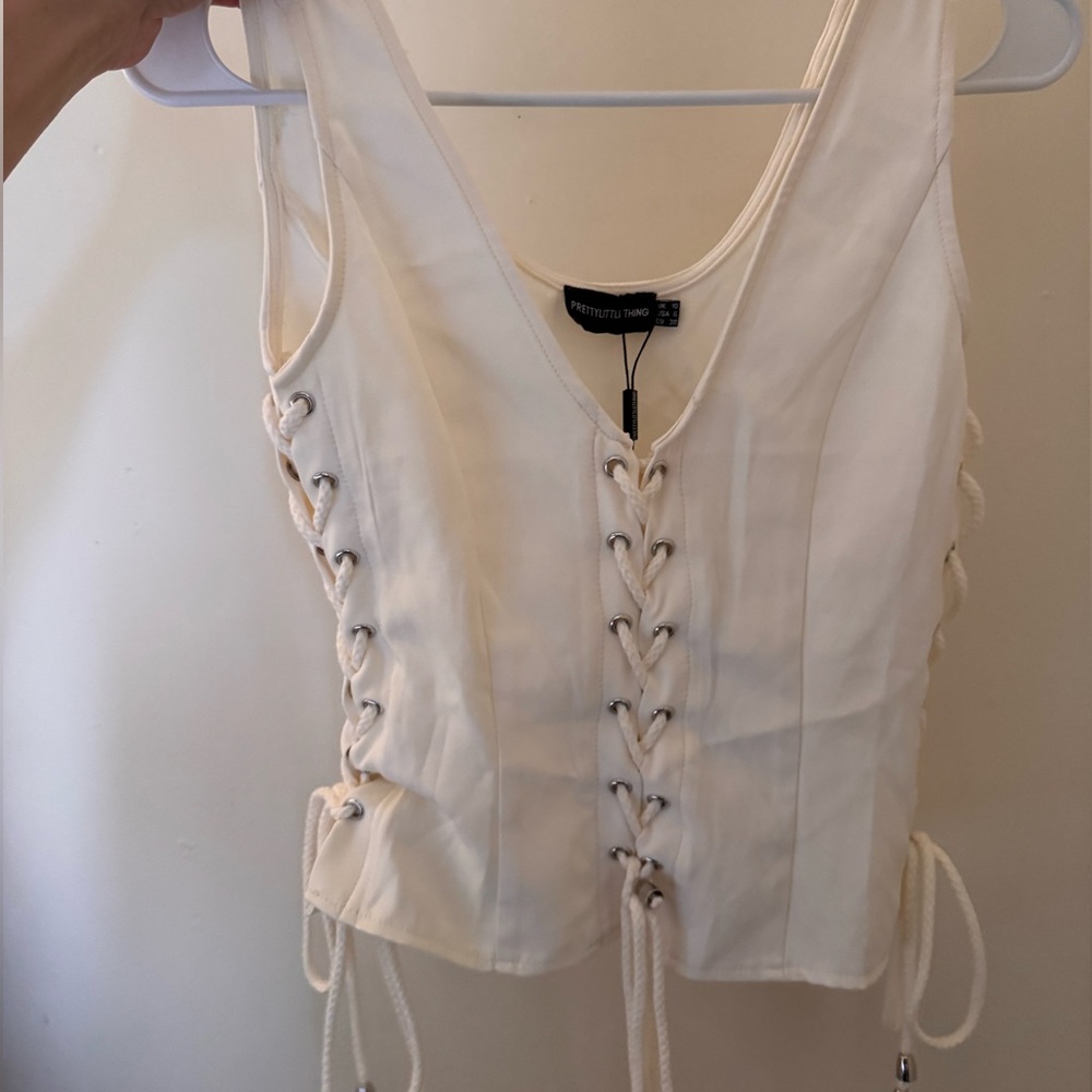 PrettyLittleThing Cream Bustier Tie Front Tank Top